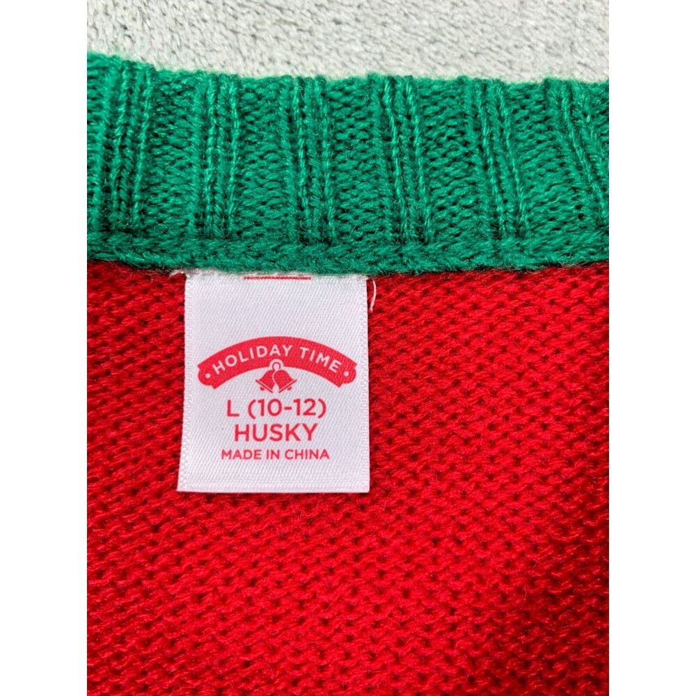 Christmas Reindeer Sweater Boys Large 10-12 Red Green Snowflake Holiday Time Cut - Picture 3 of 11